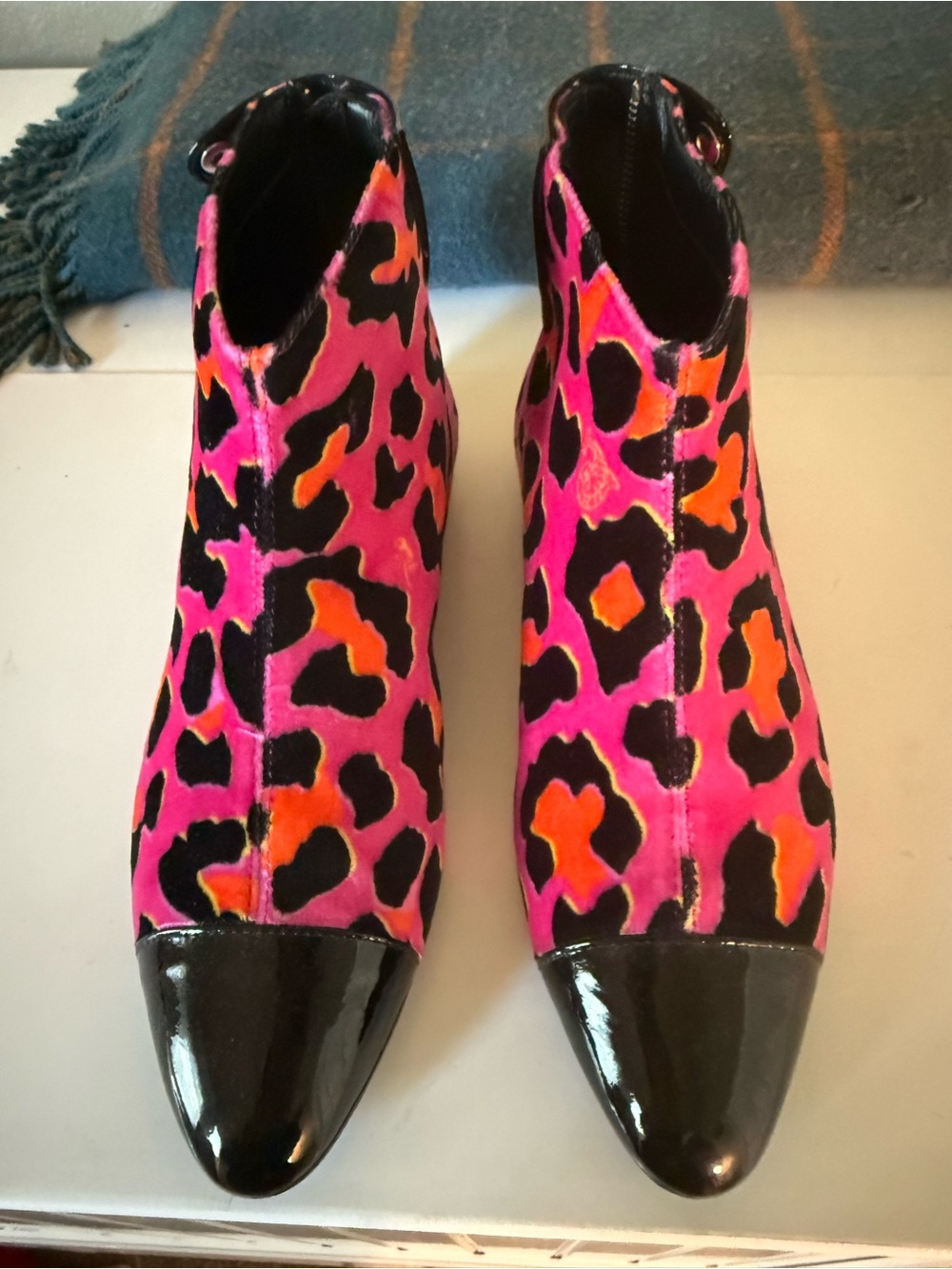Emilio Pucci Pink & Orange Leopard-Print Ankle Boots with Black Patent Toe